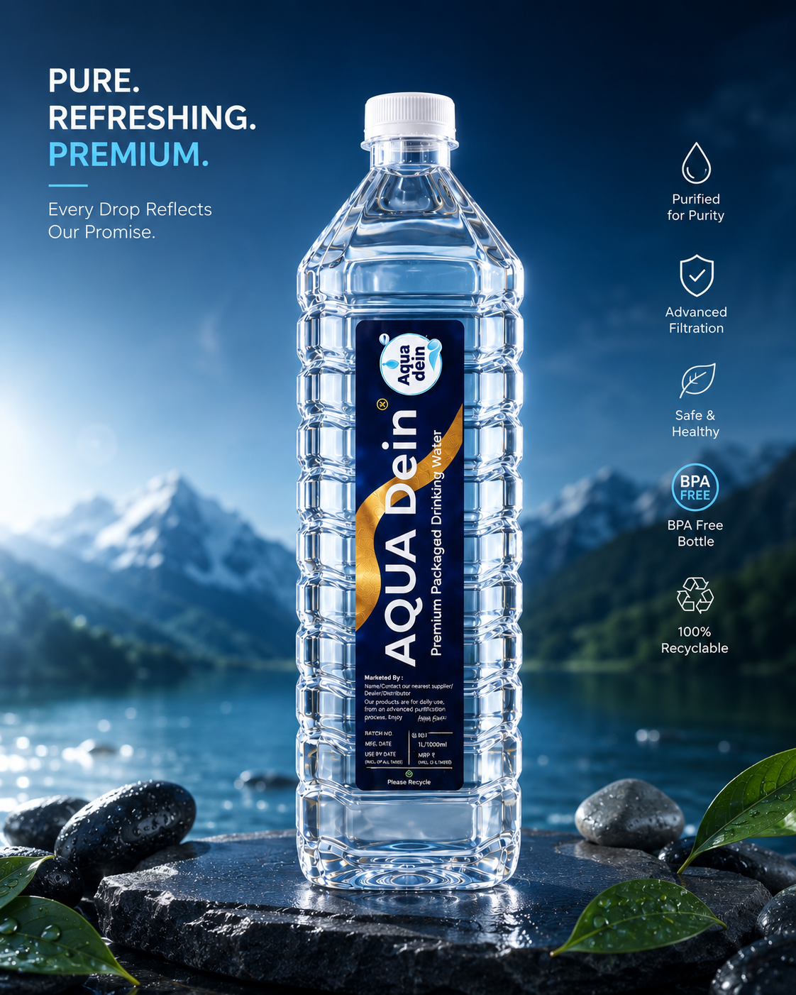 1 Litre Aqua Dein Premium square Bottle